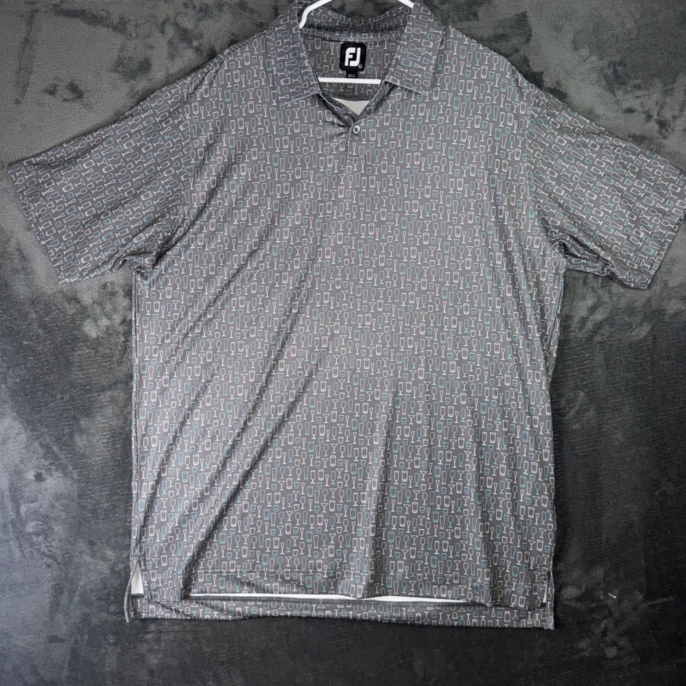 Mens XL FootJoy Golf Polo Gray Excellent Glassware Print TCC 1894 Short Sleeve